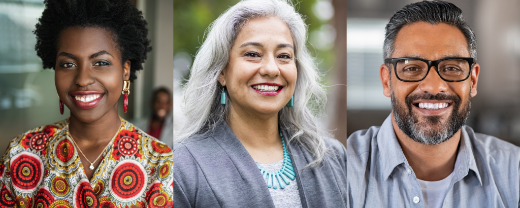 Three images. The first (left) image is a young Black woman wearing a colorful shirt in a conference room. Second (middle) is an Indigenous woman wearing a gray blazer and turquoise necklace smiling at the camera. Third (right) image is an Indian man in the light blue collared shirt, smiling at the camera.