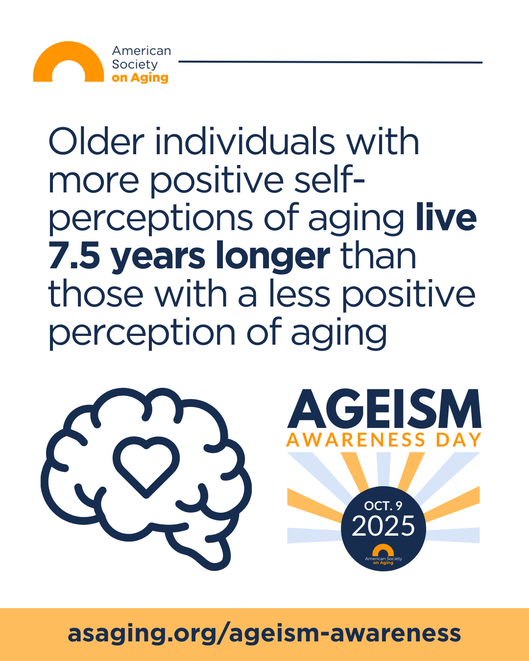 Positive Self-Perceptions of Aging Graphic for Ageism Awareness Day with text: 'Older individuals with more positive self-perceptions of aging live 7.5 years longer than those with less positive perceptions.' Illustration of a brain with a heart inside. Includes Ageism Awareness Day logo for October 9, 2025, and ASA web link asaging.org/ageism-awareness.