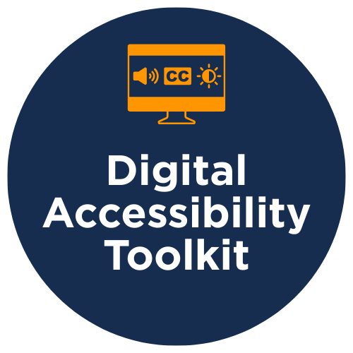Icon showing a computer monitor with accessibility symbols inside, above the text Digital Accessibility Toolkit