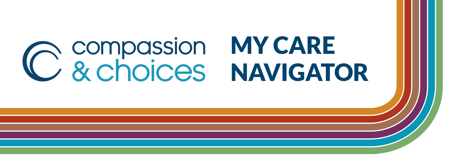 Compassion & Choices My Care Navigator logo with multicolored curved stripes on a black background.