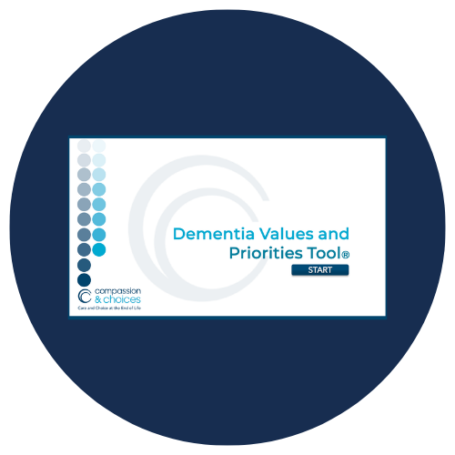 Dementia Values and Priorities Tool interface by Compassion & Choices with “Start” button.
