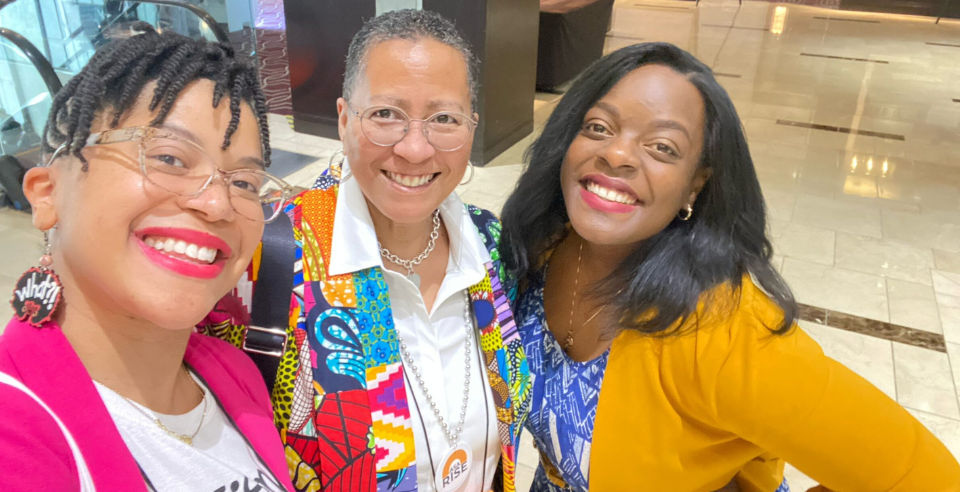 Ashley Stevens, right, at On Aging with gerontologist, advocate, educator and ASA RISE alum Christina Peoples, far left, and ASA’s Senior Equity Strategy Director Patrice Dickerson, middle, who also leads the ASA RISE program.
