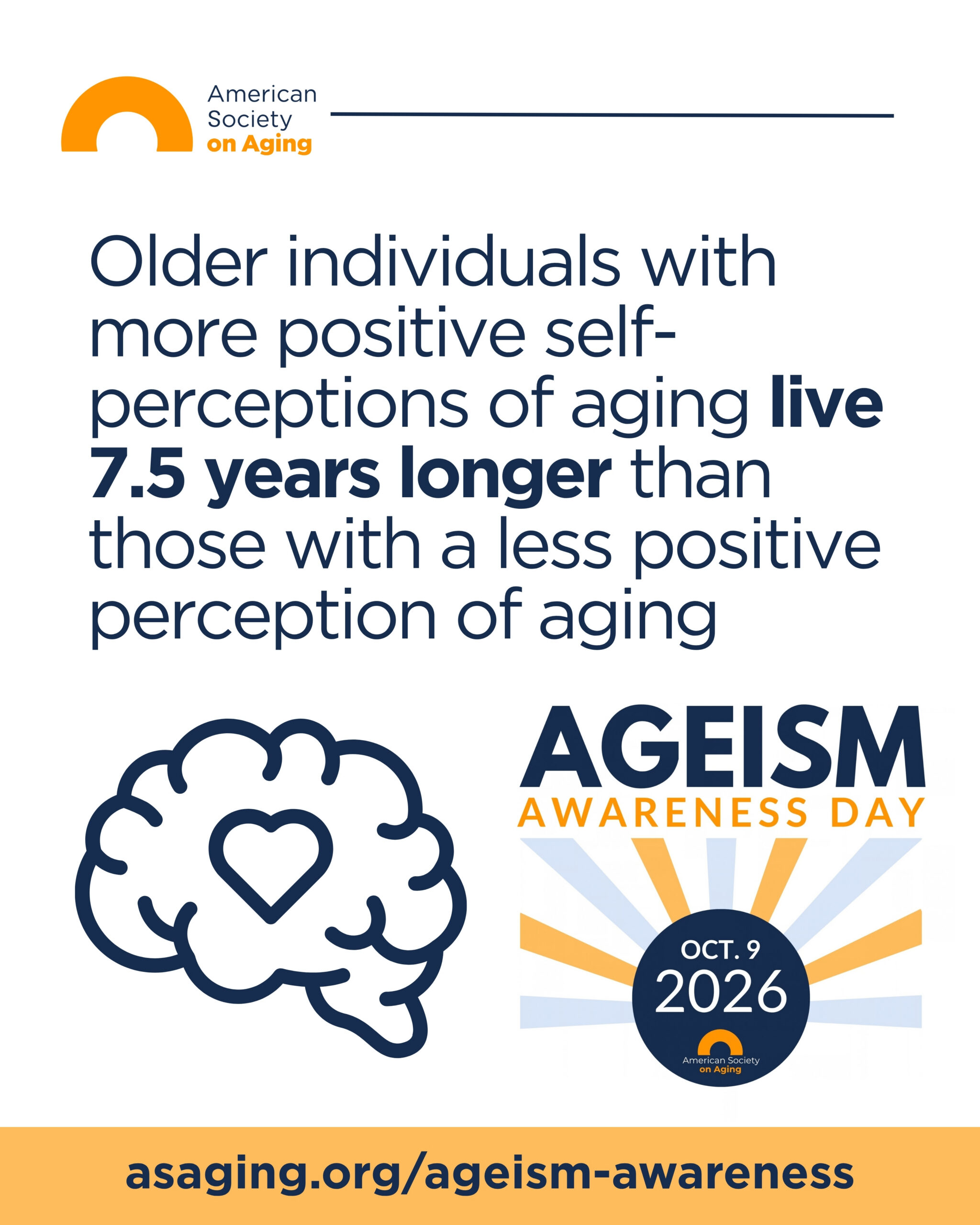 Graphic for Ageism Awareness Day with text: 'Older individuals with more positive self-perceptions of aging live 7.5 years longer than those with less positive perceptions.' Illustration of a brain with a heart inside. Includes Ageism Awareness Day logo for October 9, 2025, and ASA web link asaging.org/ageism-awareness.